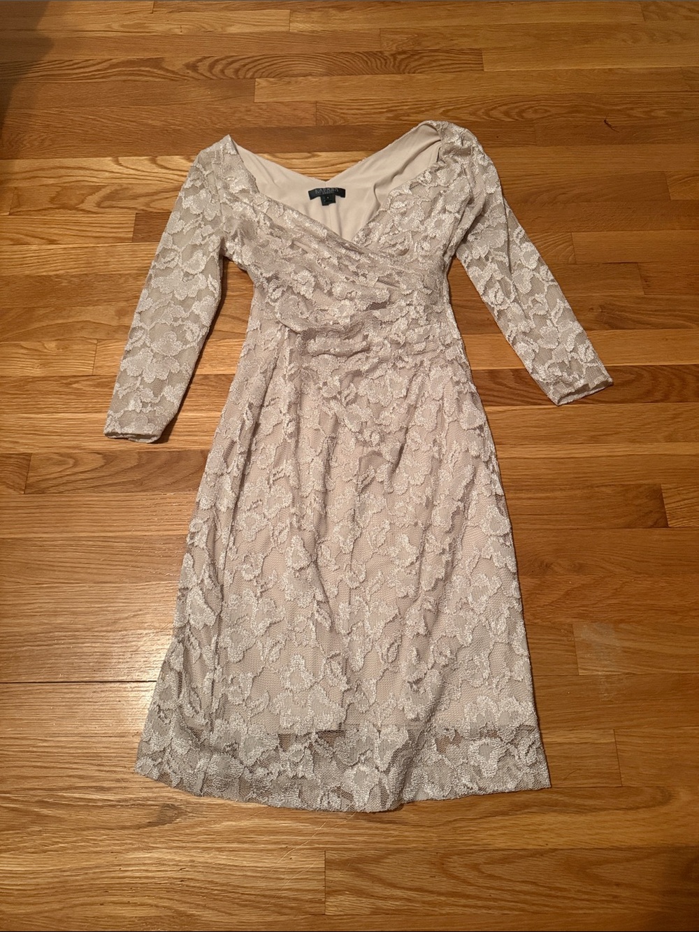 Lauren Ralph Lauren Ivory Lace Wrap-Style Long Sleeve Dress - Picture 2 of 9